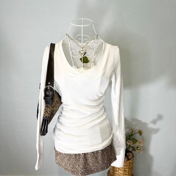 NWT Cute vintage y2k white tight long sleeve Henley grunge v neck top - Picture 7 of 8